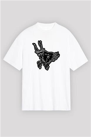 Boğa Burcu Baskılı Beyaz Unisex Oversize Tişört - Tshirt