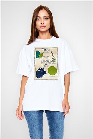 Boğa Burcu Baskılı Beyaz Unisex Oversize Tişört - Tshirt
