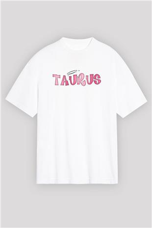 Boğa Burcu Baskılı Beyaz Unisex Oversize Tişört - Tshirt