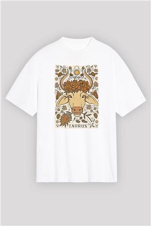 Boğa Burcu Baskılı Beyaz Unisex Oversize Tişört - Tshirt