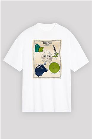 Boğa Burcu Baskılı Beyaz Unisex Oversize Tişört - Tshirt