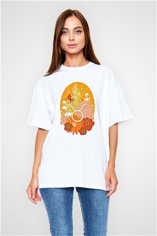 Boğa Burcu Baskılı Beyaz Unisex Oversize Tişört - Tshirt