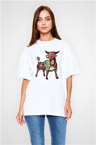 Boğa Burcu Baskılı Beyaz Unisex Oversize Tişört - Tshirt