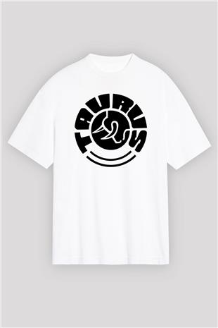 Boğa Burcu Baskılı Beyaz Unisex Oversize Tişört - Tshirt