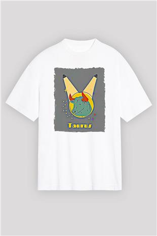 Boğa Burcu Baskılı Beyaz Unisex Oversize Tişört - Tshirt