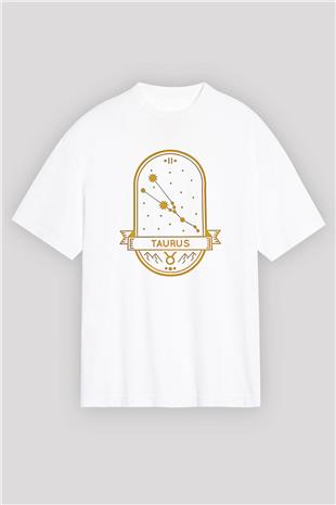 Boğa Burcu Baskılı Beyaz Unisex Oversize Tişört - Tshirt