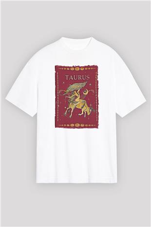 Boğa Burcu Baskılı Beyaz Unisex Oversize Tişört - Tshirt