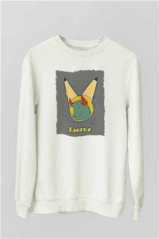 Boğa Burcu Baskılı Beyaz Unisex Sweatshirt