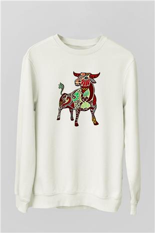 Boğa Burcu Baskılı Beyaz Unisex Sweatshirt