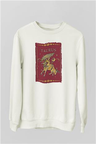 Boğa Burcu Baskılı Beyaz Unisex Sweatshirt