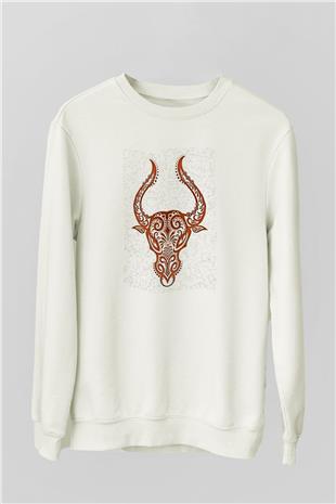 Boğa Burcu Baskılı Beyaz Unisex Sweatshirt