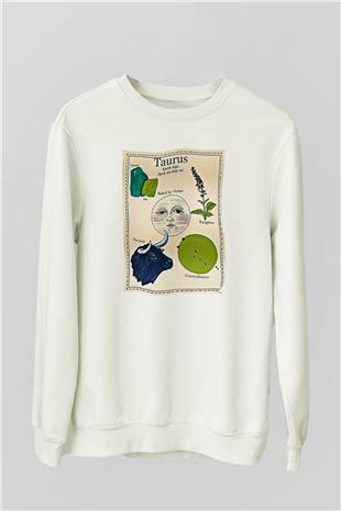 Boğa Burcu Baskılı Beyaz Unisex Sweatshirt