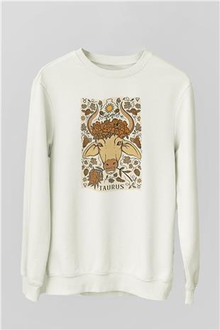 Boğa Burcu Baskılı Beyaz Unisex Sweatshirt