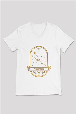 Boğa Burcu Baskılı Beyaz Unisex V Yaka Tişört - Tshirt