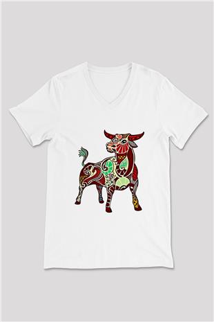 Boğa Burcu Baskılı Beyaz Unisex V Yaka Tişört - Tshirt