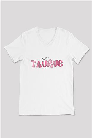Boğa Burcu Baskılı Beyaz Unisex V Yaka Tişört - Tshirt
