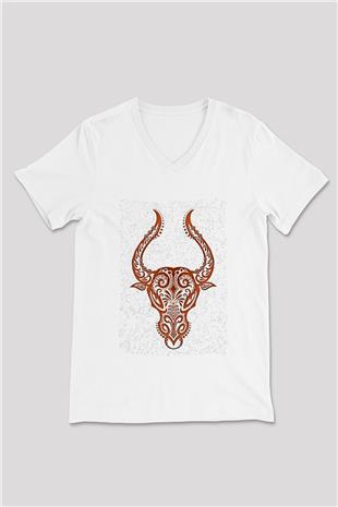 Boğa Burcu Baskılı Beyaz Unisex V Yaka Tişört - Tshirt