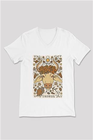Boğa Burcu Baskılı Beyaz Unisex V Yaka Tişört - Tshirt