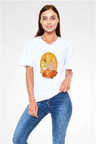 Boğa Burcu Baskılı Beyaz Unisex V Yaka Tişört - Tshirt