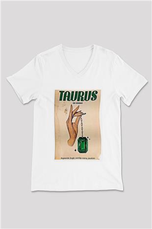 Boğa Burcu Baskılı Beyaz Unisex V Yaka Tişört - Tshirt