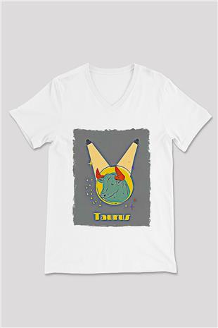 Boğa Burcu Baskılı Beyaz Unisex V Yaka Tişört - Tshirt