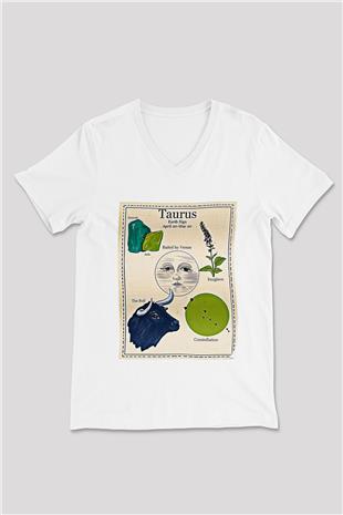 Boğa Burcu Baskılı Beyaz Unisex V Yaka Tişört - Tshirt