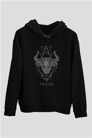 Boğa Burcu Baskılı Unisex Siyah Hoodie
