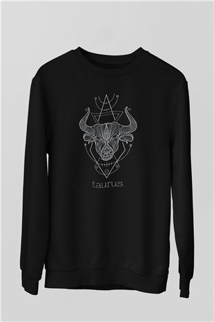 Boğa Burcu Baskılı Unisex Siyah Sweatshirt
