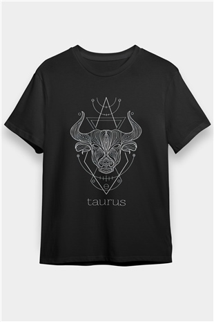 Boğa Burcu Baskılı Unisex Siyah Tişört - Tshirt