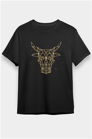Boğa Burcu Baskılı Unisex Siyah Tişört - Tshirt