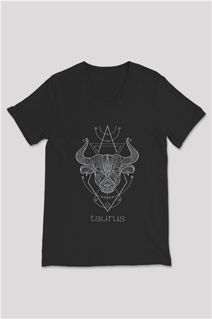 Boğa Burcu Baskılı Unisex Siyah V Yaka Tişört - Tshirt