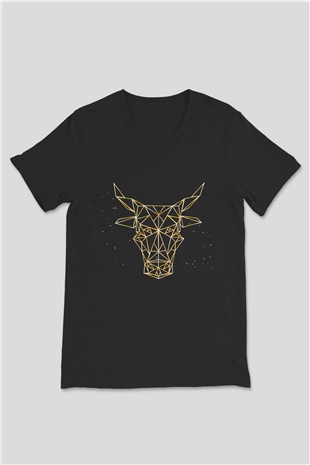 Boğa Burcu Baskılı Unisex Siyah V Yaka Tişört - Tshirt