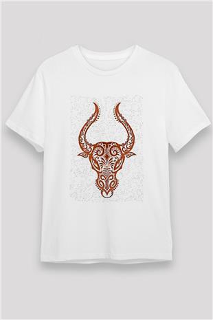 Boğa Burcu Unisex Baskılı Beyaz Tişört - Tshirt