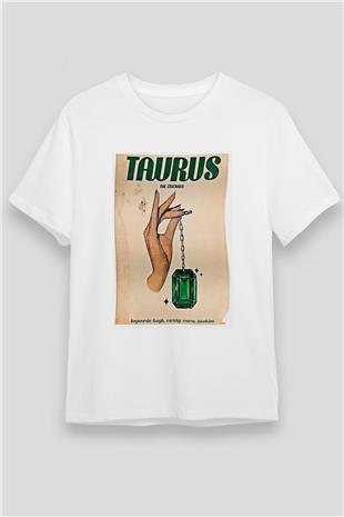 Boğa Burcu Unisex Baskılı Beyaz Tişört - Tshirt