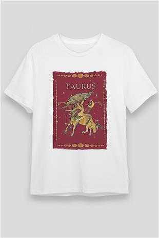 Boğa Burcu Unisex Baskılı Beyaz Tişört - Tshirt