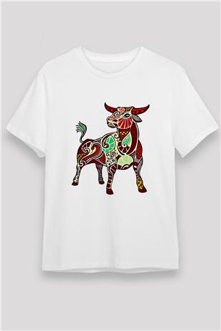 Boğa Burcu Unisex Baskılı Beyaz Tişört - Tshirt