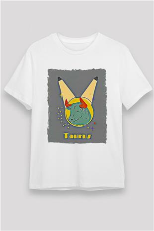 Boğa Burcu Unisex Baskılı Beyaz Tişört - Tshirt