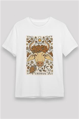 Boğa Burcu Unisex Baskılı Beyaz Tişört - Tshirt