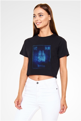 Bohrium Atom Numarası Baskılı Siyah Kadın Crop Top Tişört