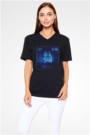 Bohrium Atom Numarası Baskılı Unisex Siyah V Yaka Tişört