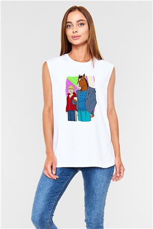 Bojack Horseman Baskılı Beyaz Unisex Kolsuz Tişört - Tshirt