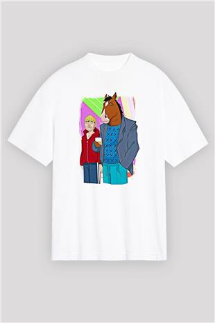 Bojack Horseman Baskılı Beyaz Unisex Oversize Tişört - Tshirt