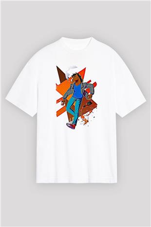 Bojack Horseman Baskılı Beyaz Unisex Oversize Tişört - Tshirt