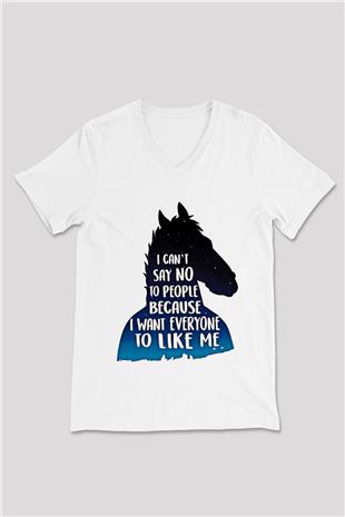 Bojack Horseman Baskılı Beyaz Unisex V Yaka Tişört - Tshirt
