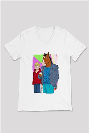 Bojack Horseman Baskılı Beyaz Unisex V Yaka Tişört - Tshirt