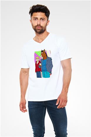 Bojack Horseman Baskılı Beyaz Unisex V Yaka Tişört - Tshirt