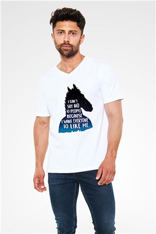 Bojack Horseman Baskılı Beyaz Unisex V Yaka Tişört - Tshirt