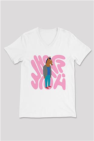 Bojack Horseman Baskılı Beyaz Unisex V Yaka Tişört - Tshirt