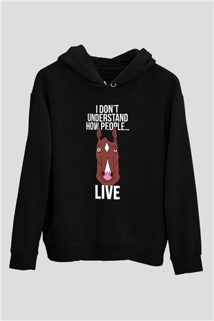 Bojack Horseman Baskılı Unisex Siyah Kapüşonlu Sweatshirt