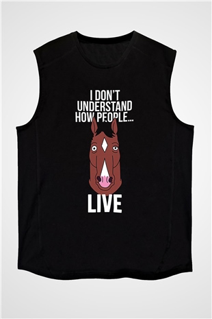 Bojack Horseman Baskılı Unisex Siyah Kolsuz Tişört - Tshirt